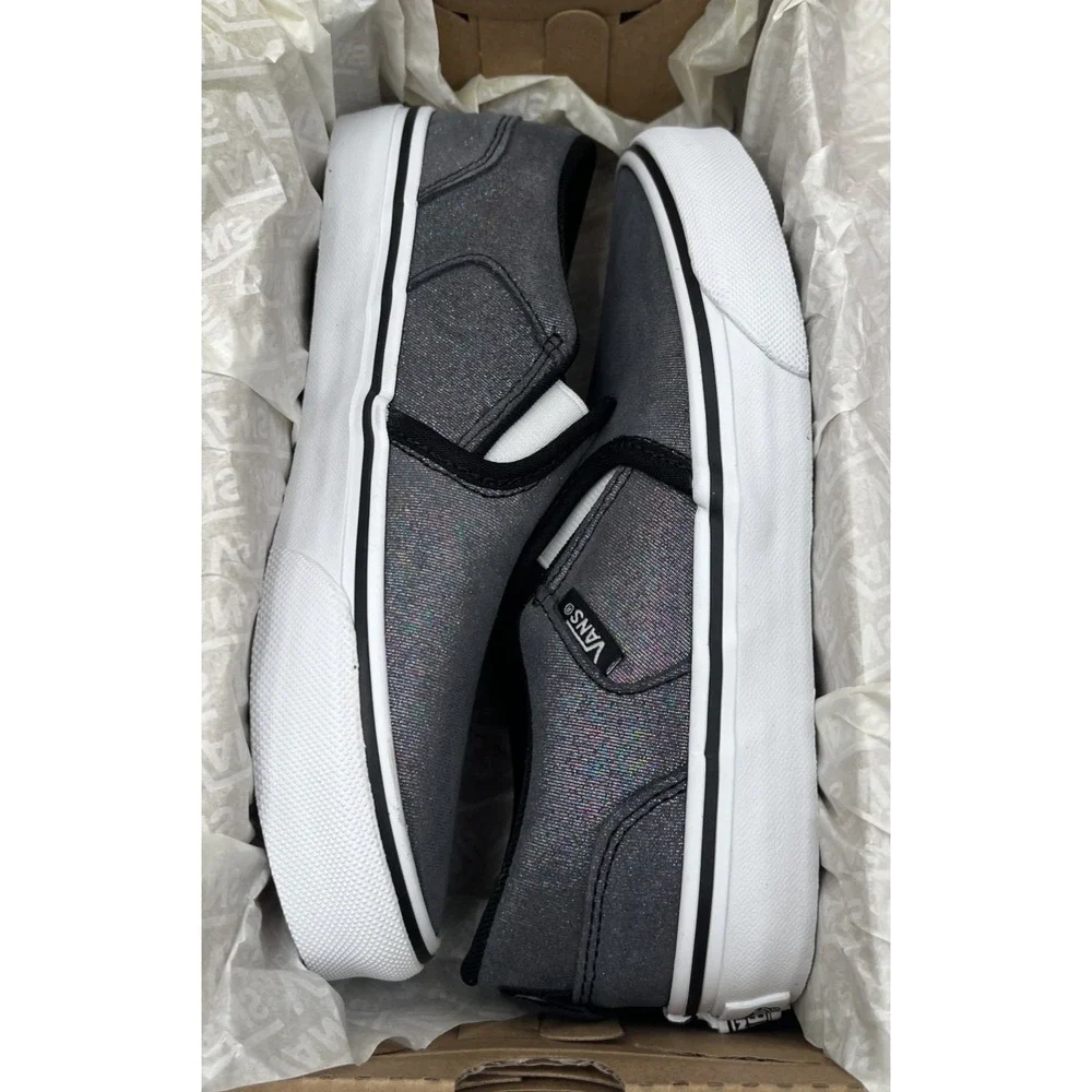 Vans Youth Girls Asher Slip On Casual Shoes Size 3 Shimmer Black Gray Sneakers